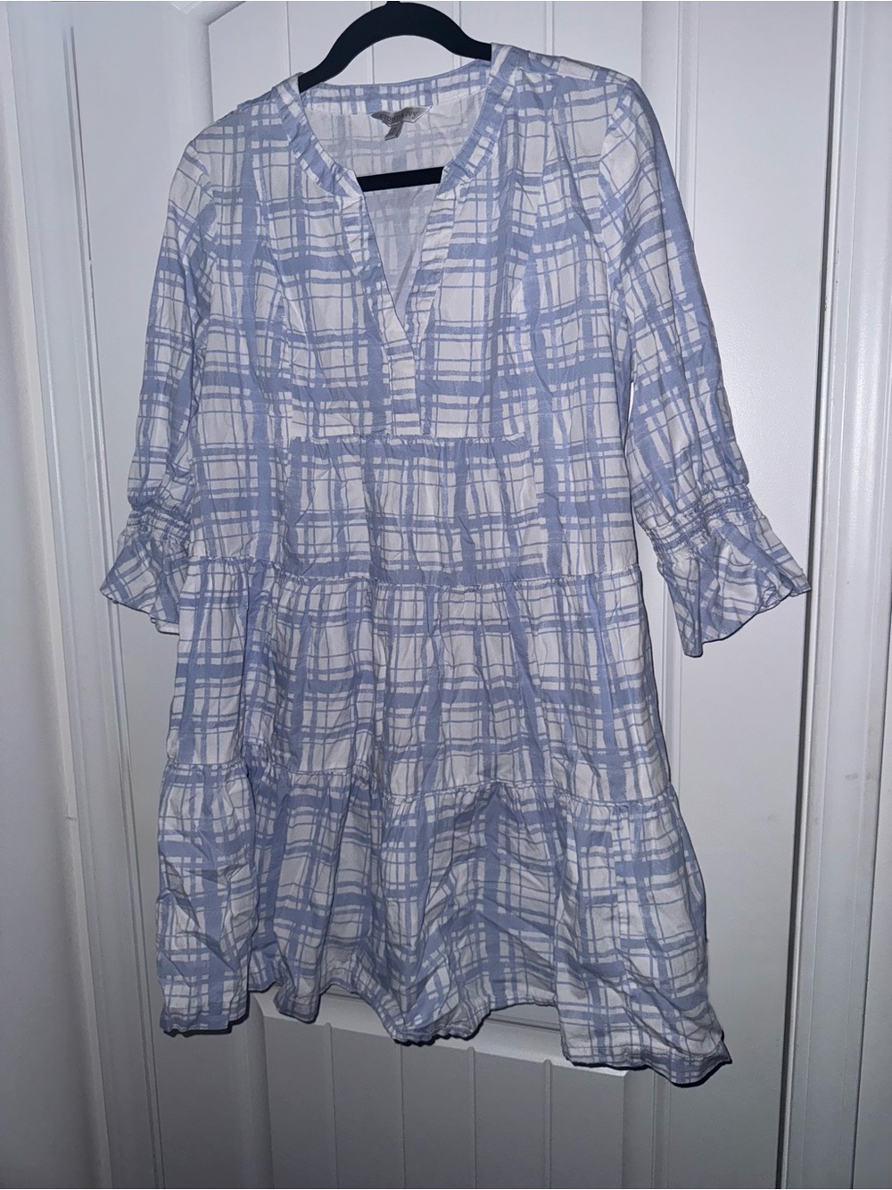 Crown & Ivy Blue White Plaid Tiered Cotton Mini Dress XL